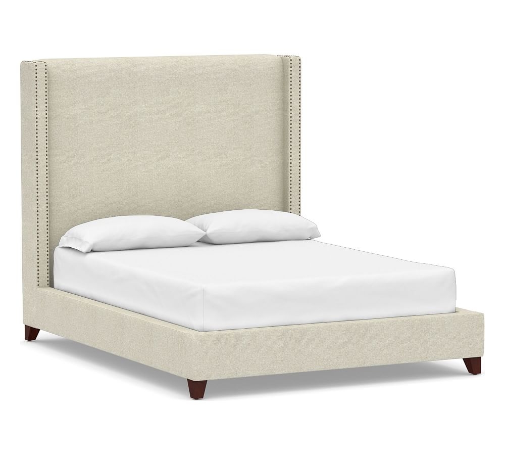 Harper Non-Tufted Upholstered Tall Bed with Bronze Nailheads, Full, Performance Heathered Basketweave Alabaster White - Image 0