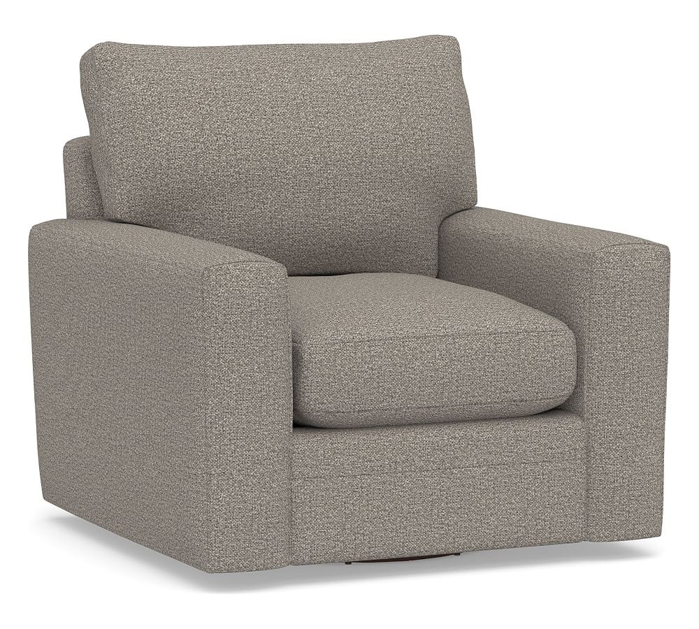 Pearce Modern Square Arm Upholstered Swivel Armchair, Down Blend Wrapped Cushions, Performance Chateau Basketweave Light Gray - Image 0