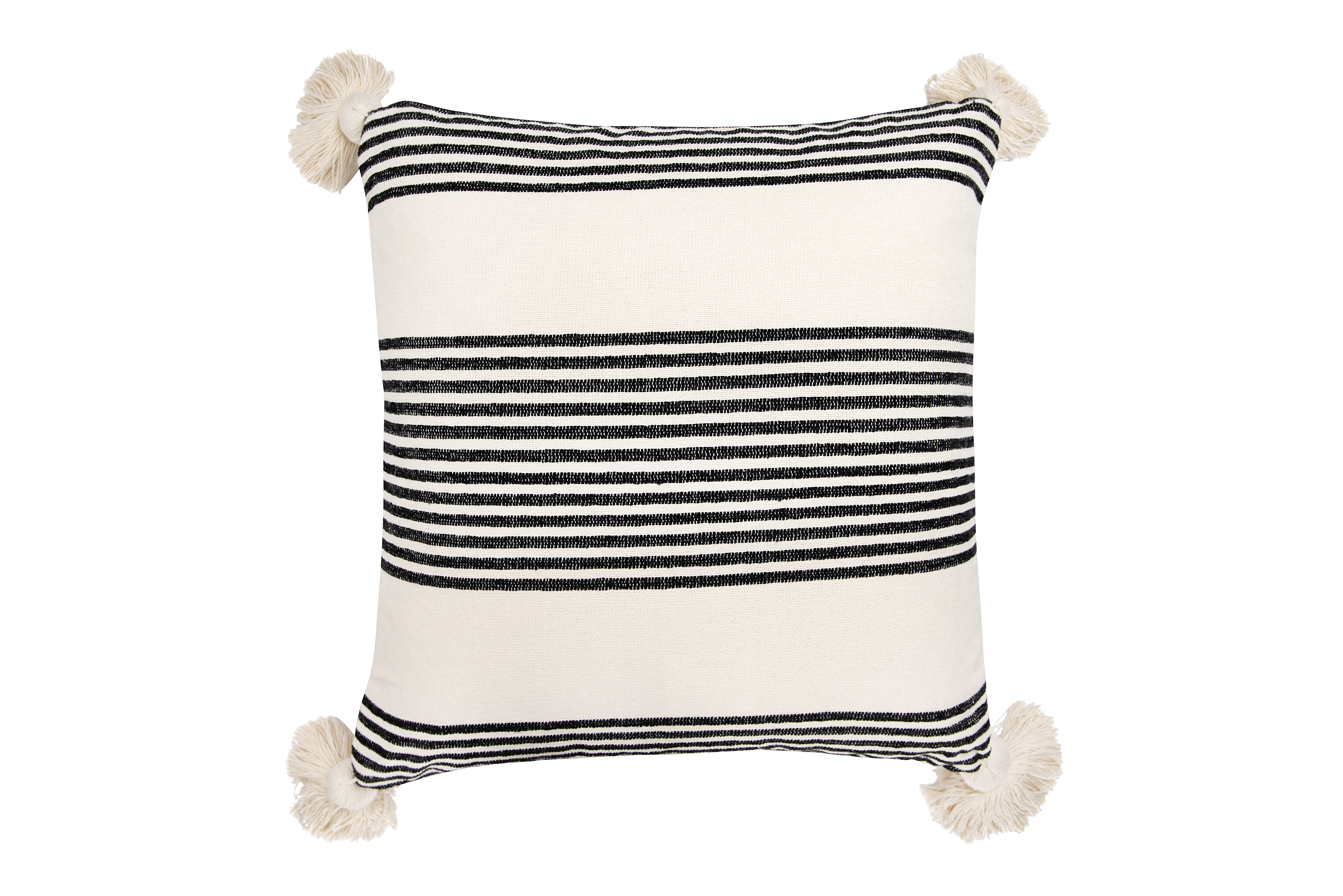 Cream Cotton & Chenille Pillow with Black Stripes & Tassels - Image 0