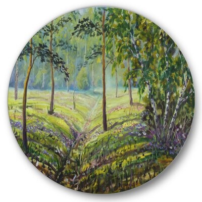 Pine Trees And Bushes In The Forest I - Lake House Metal Circle Wall Art - Image 0