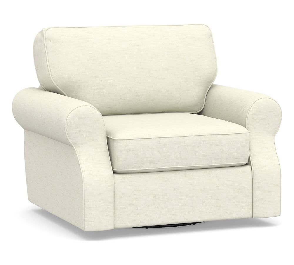 SoMa Fremont Roll Arm Upholstered Swivel Armchair, Polyester Wrapped Cushions, Performance Slub Cotton Ivory - Image 0