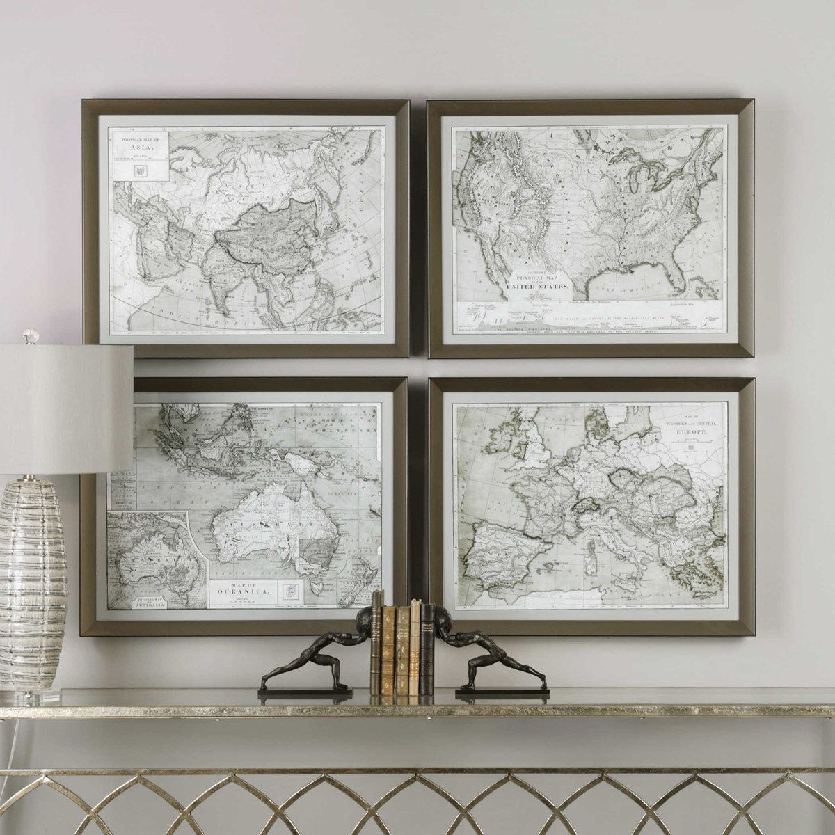 World Maps, Bronze Frame, With Mat, Set of 4 - Image 1