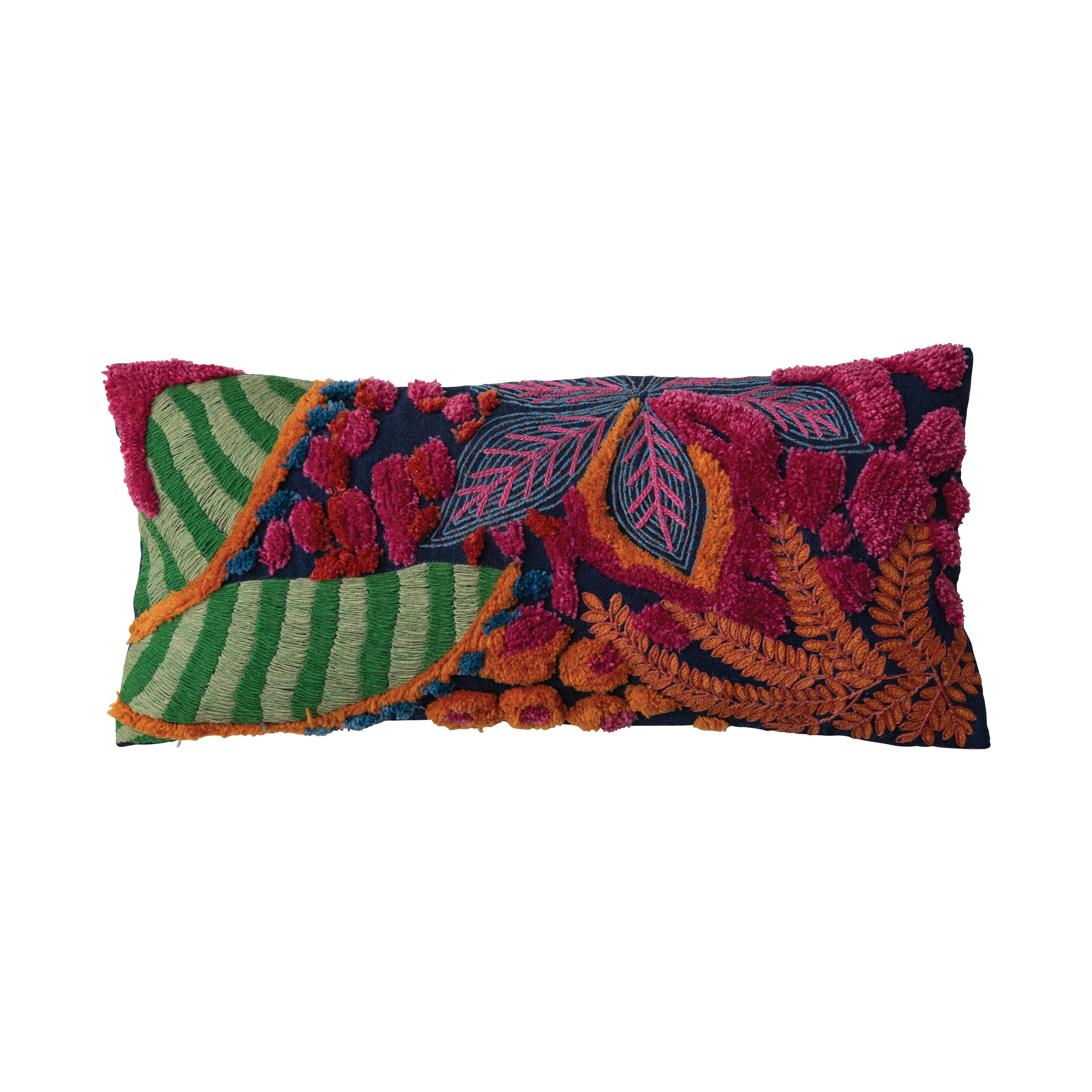 Embroidered Fabric Indoor/Outdoor Lumbar Pillow with Botanicals and Tufting, Multicolor - Image 0