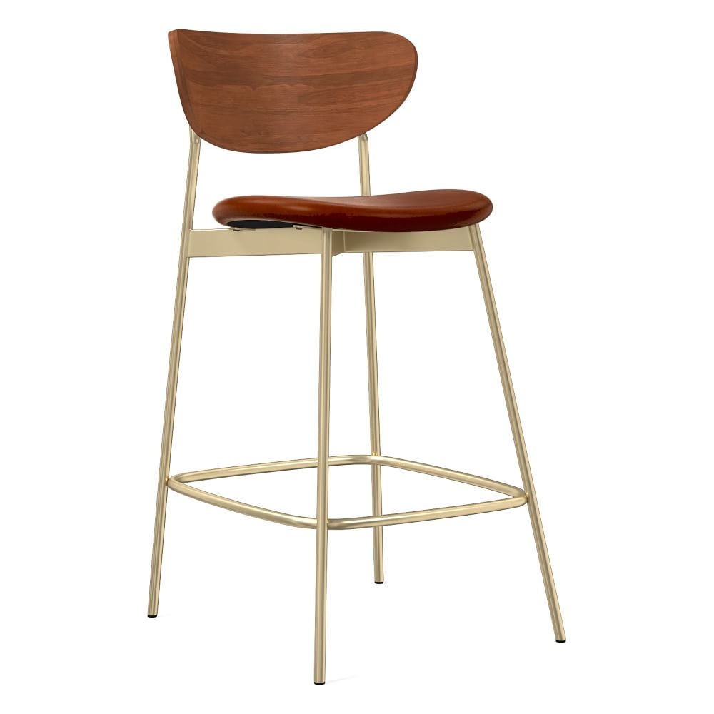 Modern Petal Wood Upholstered Counter Stool, Saddle Leather, Nut, Light Bronze - Image 0