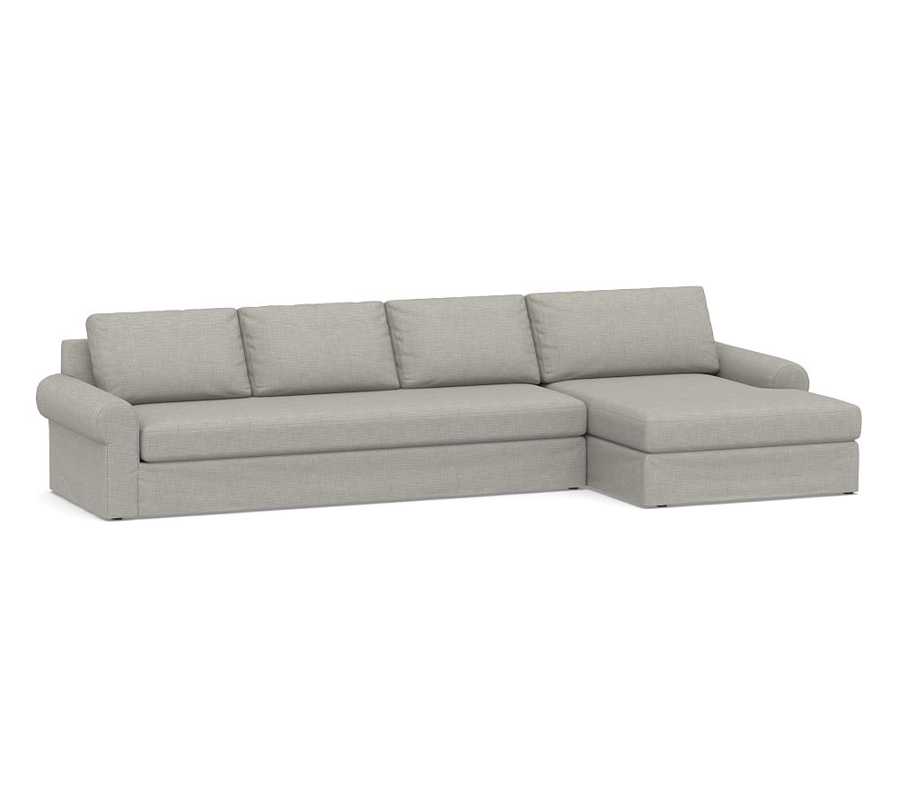 Big Sur Roll Arm Slipcovered Left Arm Grand Sofa with Double Chaise Sectional and Bench Cushion, Down Blend Wrapped Cushions, Premium Performance Basketweave Light Gray - Image 0