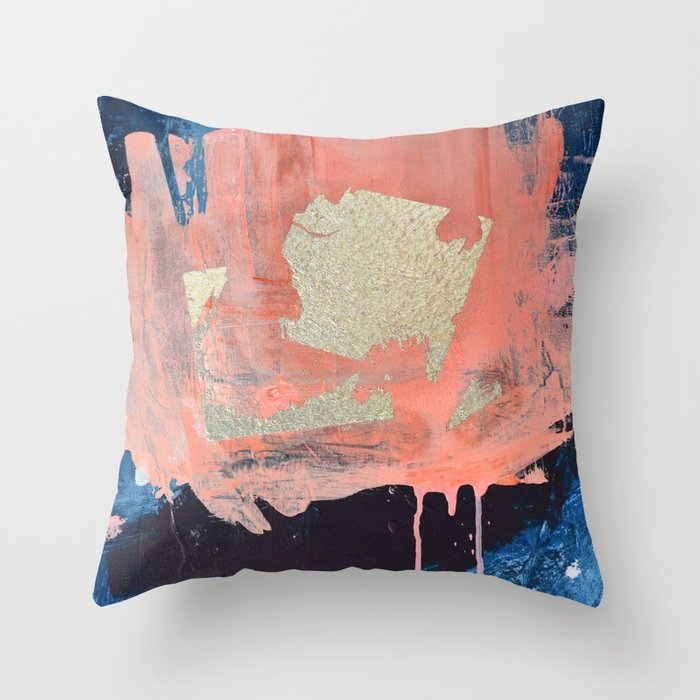 Edge Of Reason: A Minimal Abstract Mixed-media Piece In Pink Blue And Gold By Alyssa Hamilton Art Throw Pillow by Alyssa Hamilton Art - Cover (18" x 18") With Pillow Insert - Outdoor Pillow - Image 0