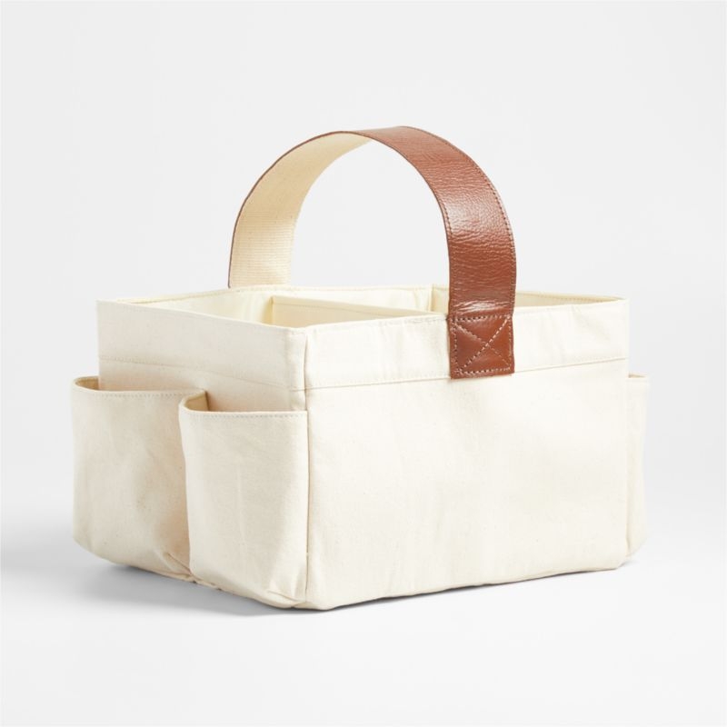 Canvas Diaper Caddy Organizer with Brown Leather Handle - Image 3