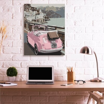 Pink Car Cliffside Town On Waterfront Road - Image 0