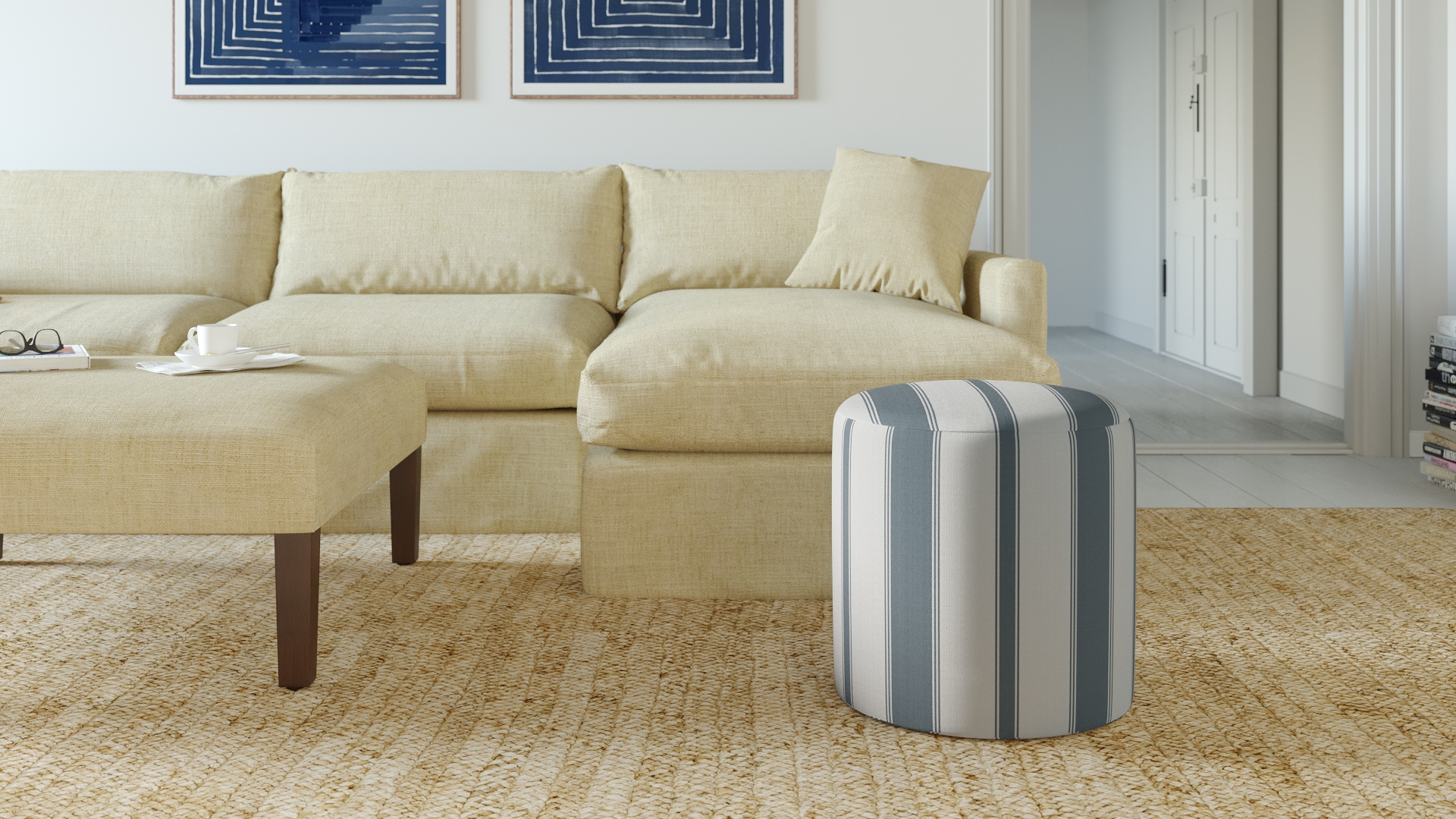 Drum Ottoman, French Blue Clarence Stripe - Image 1
