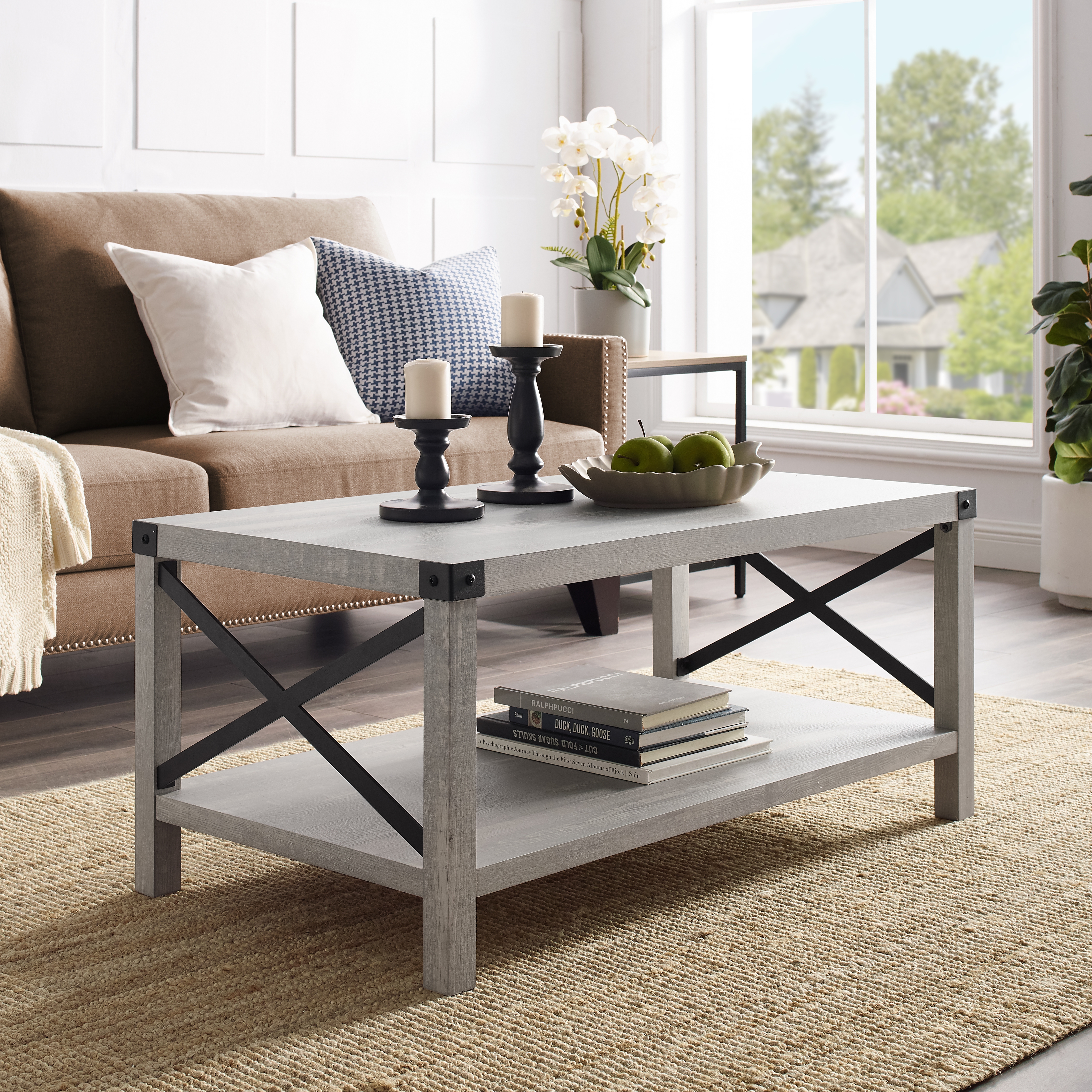 Metal X Rustic Wood Coffee Table - Stone Grey - Image 3