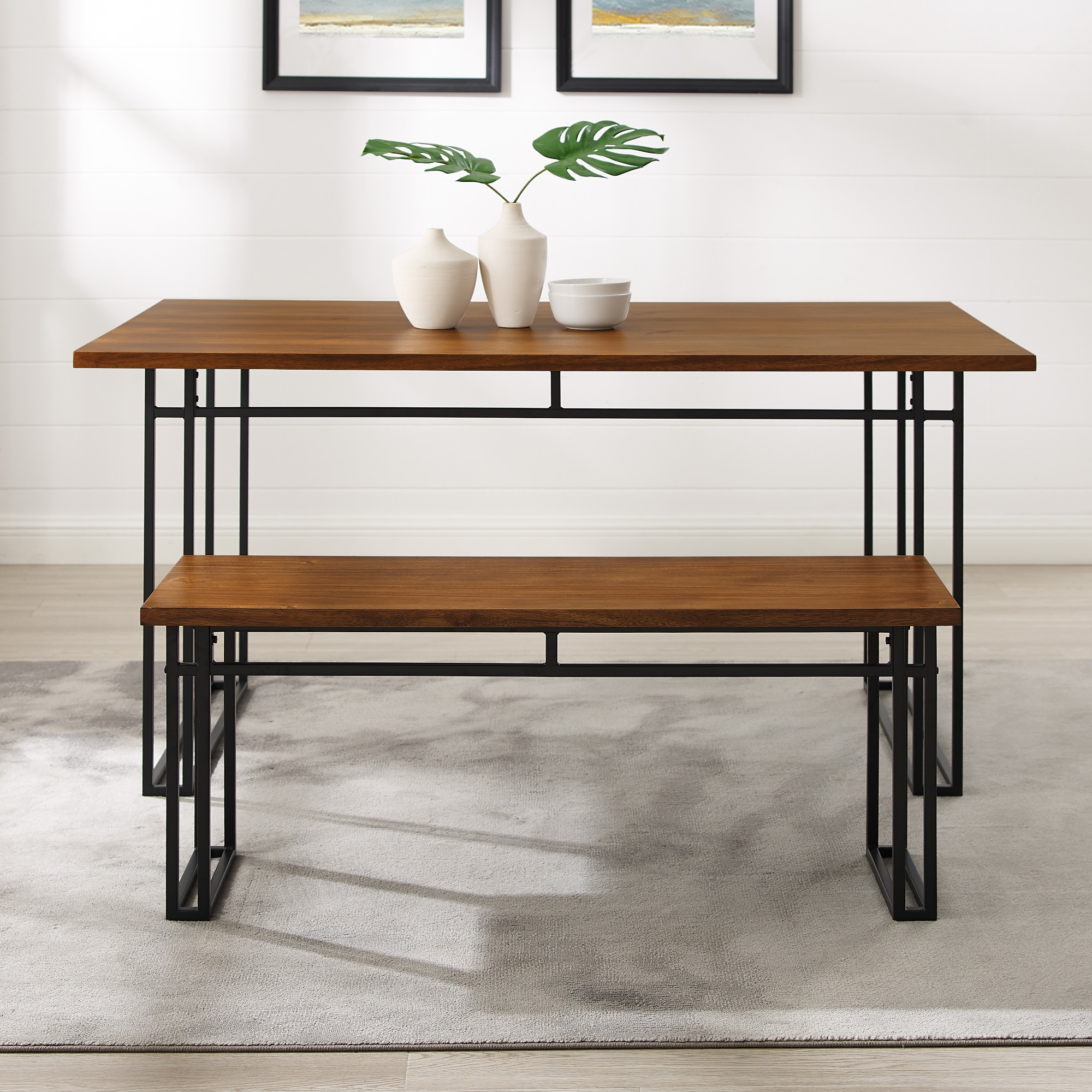 Contemporary Dual-Metal Leg Solid Wood Veneer Dining Bench – Walnut  - Image 5