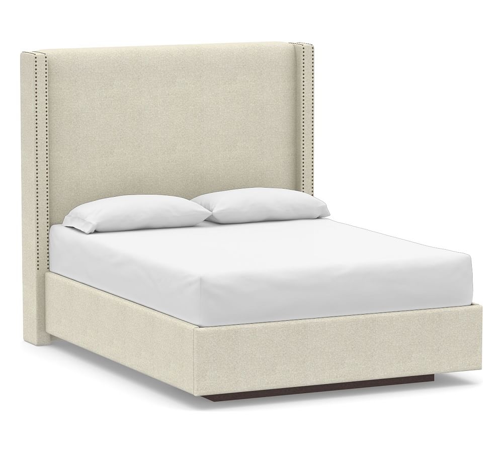 Harper Non-Tufted Upholstered Tall Headboard with Footboard Storage Platform Bed & Bronze Nailheads, Full, Performance Heathered Basketweave Alabaster White - Image 0