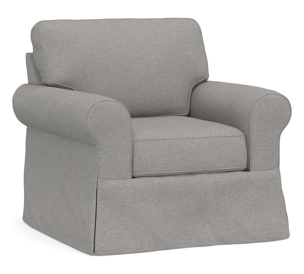 Buchanan Roll Arm Slipcovered Swivel Armchair, Polyester Wrapped Cushions, Performance Heathered Basketweave Platinum - Image 0