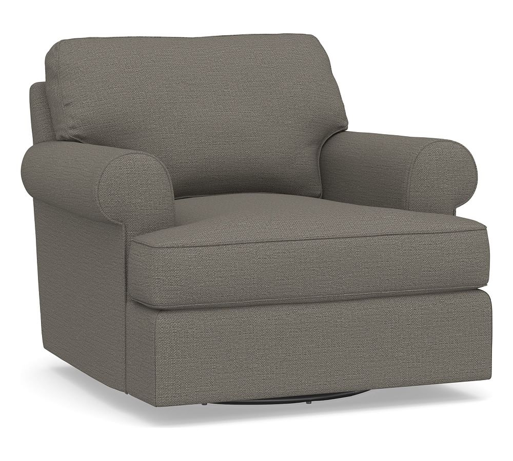 Townsend Roll Arm Upholstered Swivel Armchair, Polyester Wrapped Cushions, Chunky Basketweave Metal - Image 0