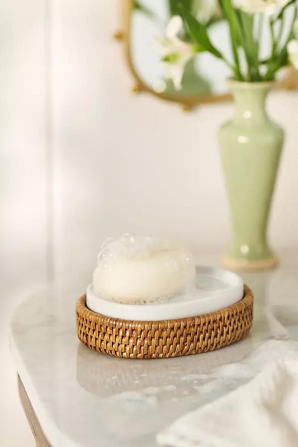 Handwoven Rattan Oval Soap Dish with Ceramic Insert - Image 0