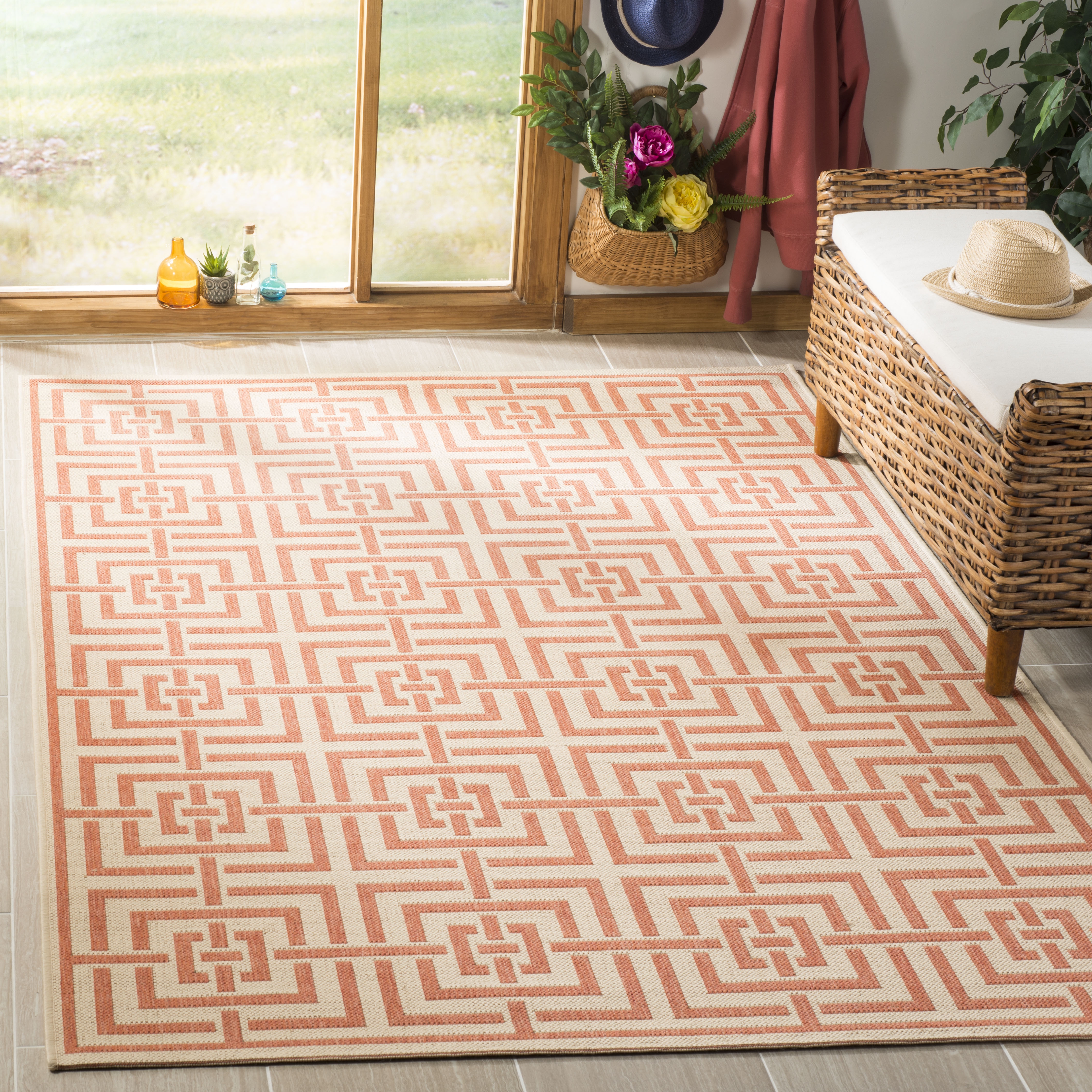 Arlo Home Indoor/Outdoor Woven Area Rug, LND128R, Cream/Rust,  5' 1" X 7' 6" - Image 1