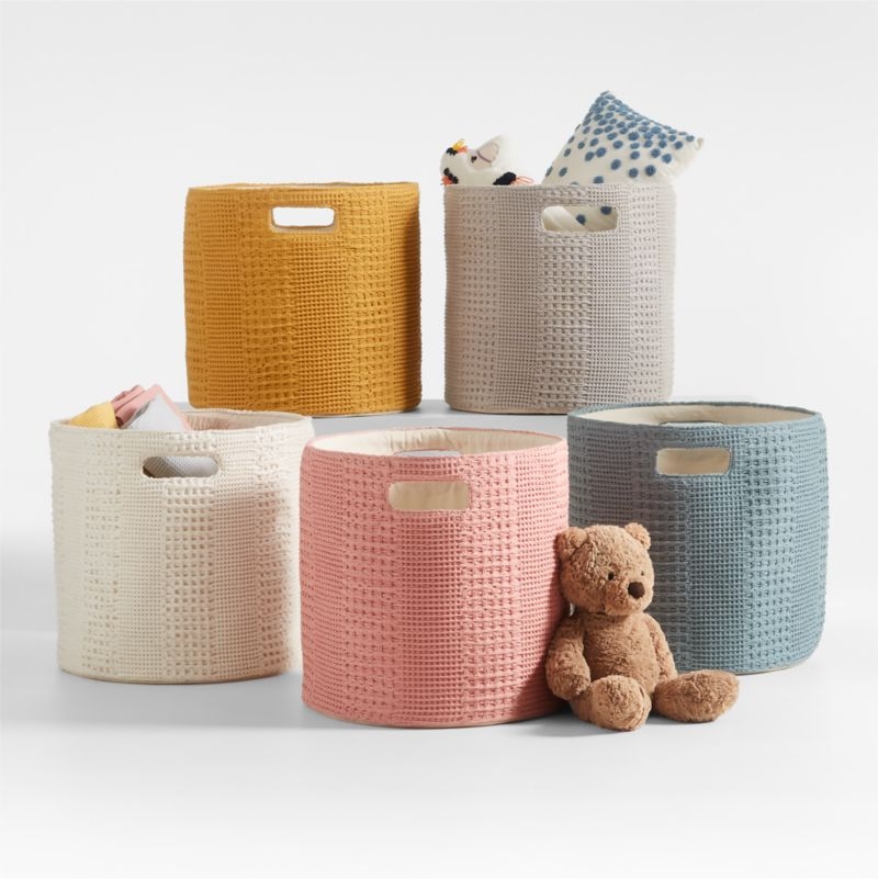 Nella Rose Pink Cotton Waffle Weave Large Storage Bin with Handles - Image 3