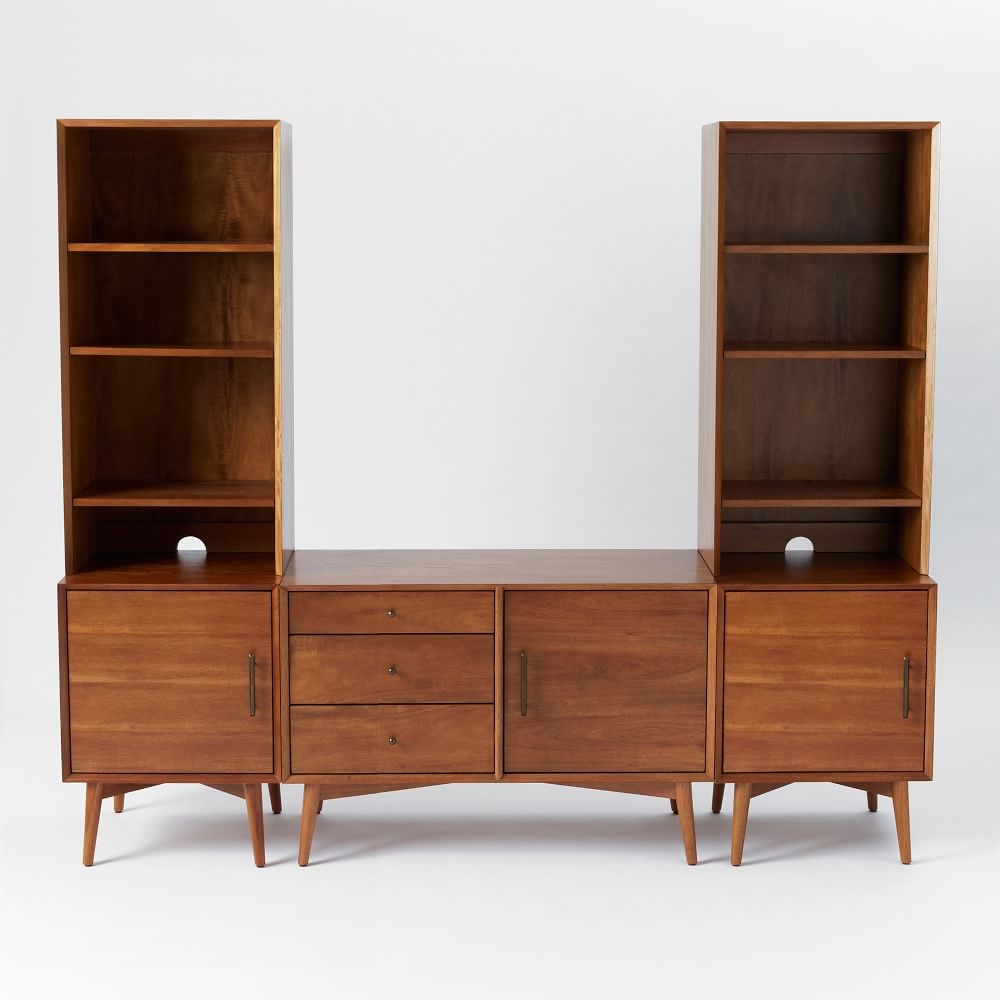 Mid Century Media Without Wide Hutch, Acorn (1 small console, 2 door bases, 2 narrow hutches) - Image 0
