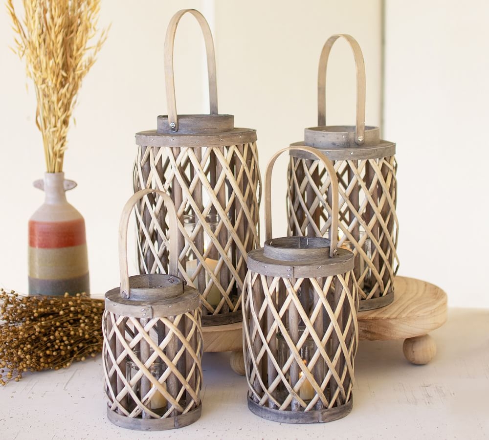 Grey Willow Lanterns With Glass Cylinder, Grey Wash Outdoor, Set of 4 - Image 1