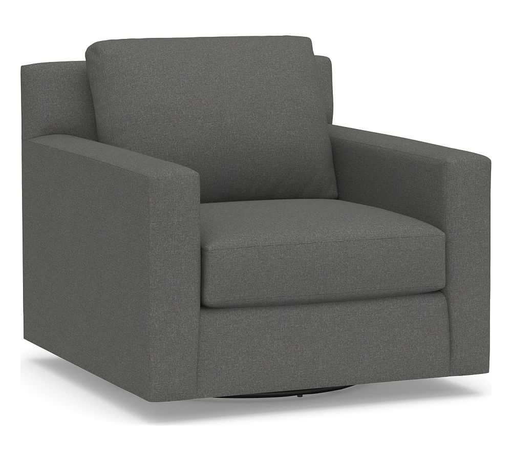 York Square Arm Upholstered Swivel Armchair, Down Blend Wrapped Cushions, Park Weave Charcoal - Image 0