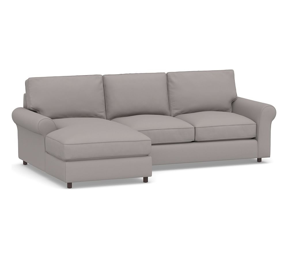 PB Comfort Roll Arm Upholstered Right Arm Loveseat with Chaise Sectional, Box Edge Down Blend Wrapped Cushions, Performance Twill Metal Gray - Image 0