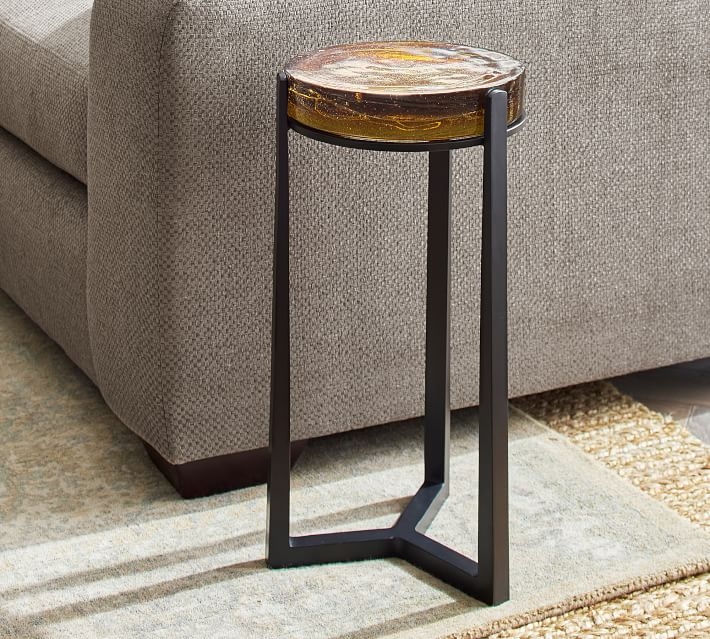 Cori 10" Round Accent Table, Recycled Amber Glass Top/Black Base - Image 3