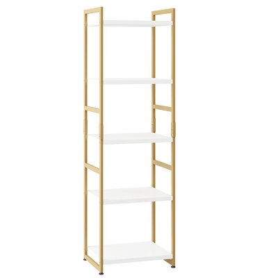 5 Tier Industrial Rustic Wood Bookcase, Modern Home Decor Standing Metal Frame Book Shelves For Living Room, Bedroom And Office, 5-Shelf, White/Gold - Image 0