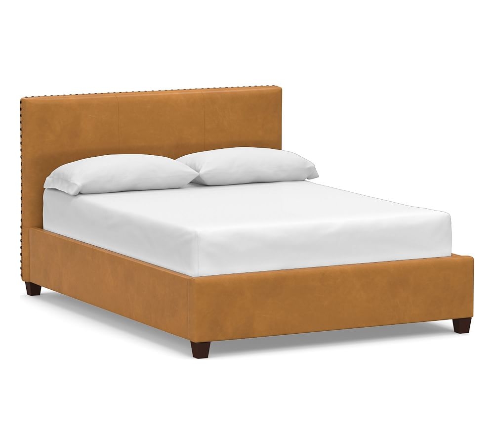 Raleigh Square Leather Low Bed with Bronze Nailheads, King, Vintage Camel - Image 0