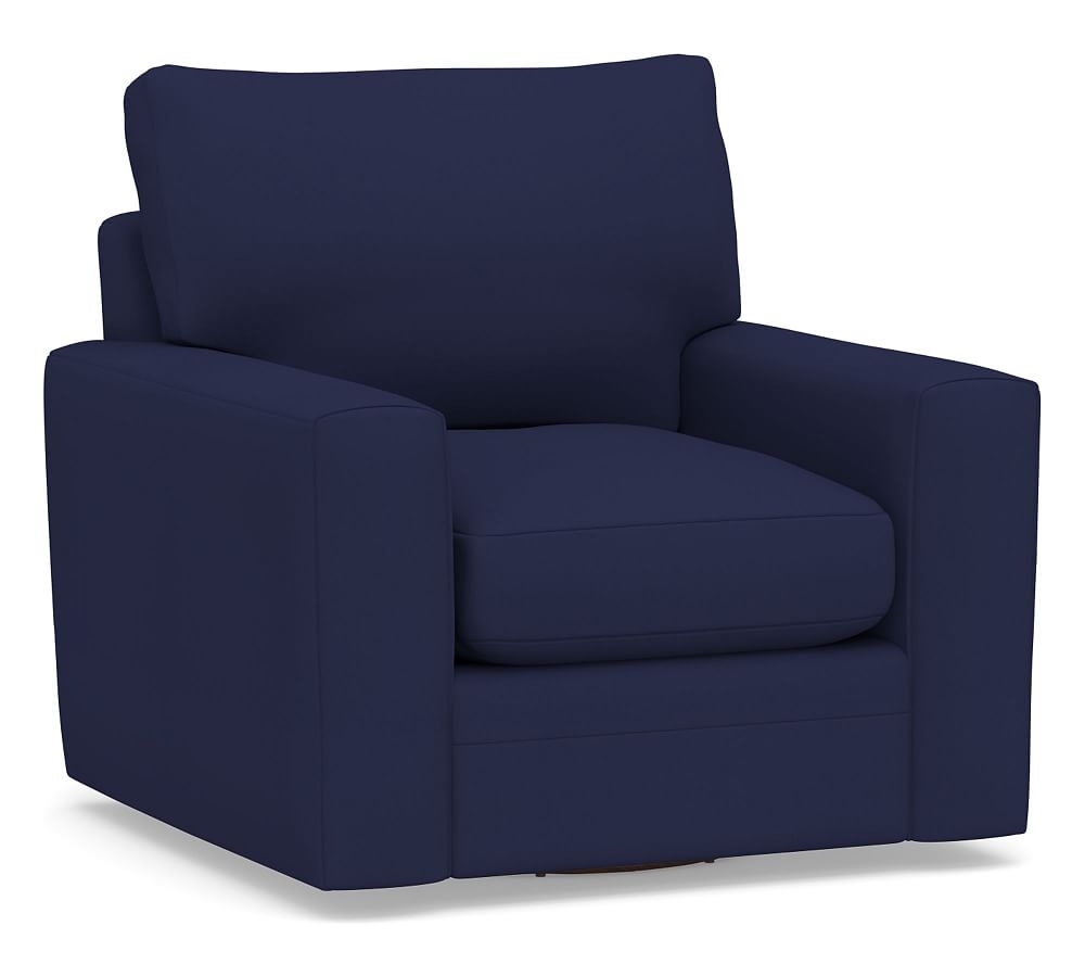 Pearce Modern Square Arm Upholstered Swivel Armchair, Down Blend Wrapped Cushions, Performance Twill Cadet Navy - Image 0