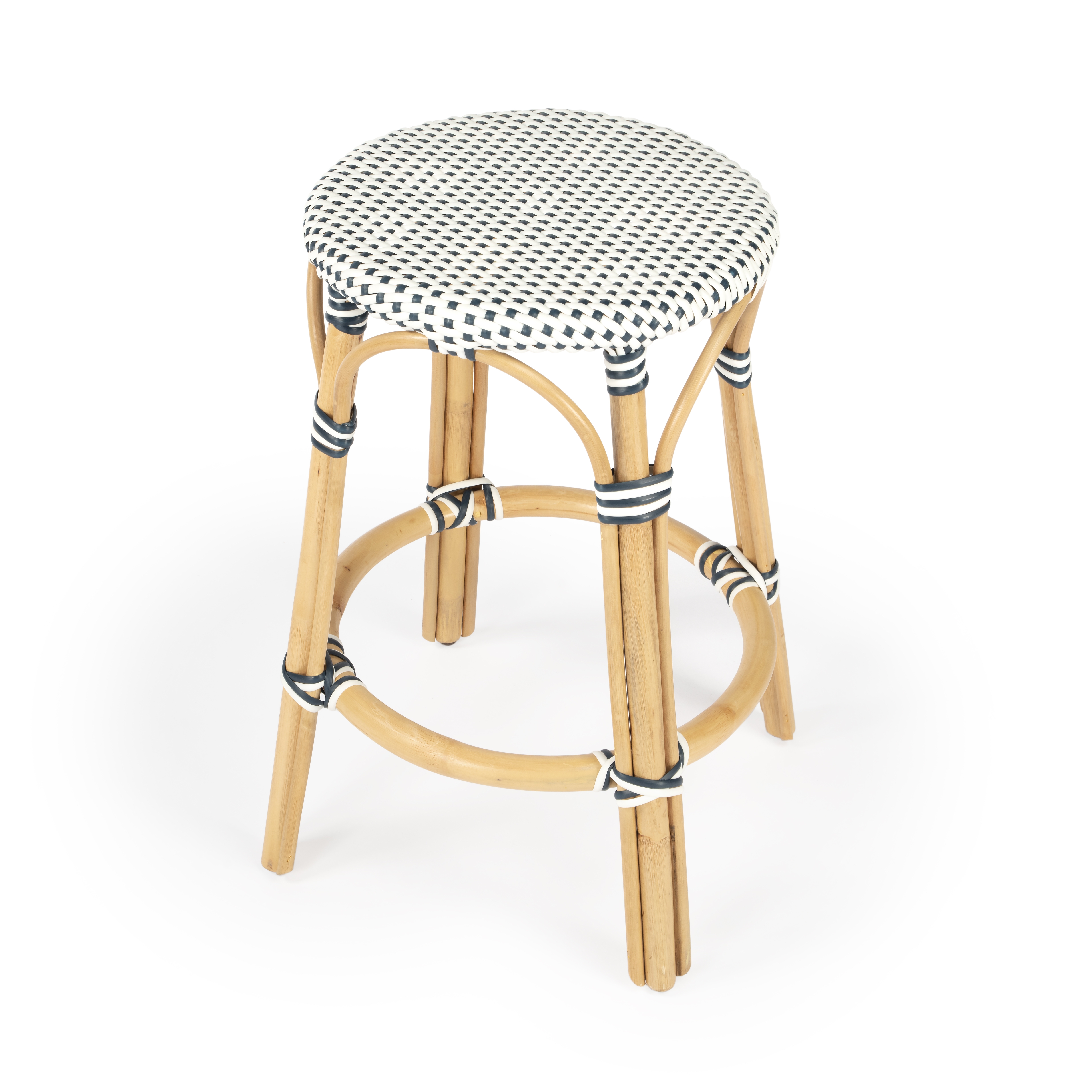 Tobias White/Navy Dot / Natural Rattan Frame Counter Stool - Image 0