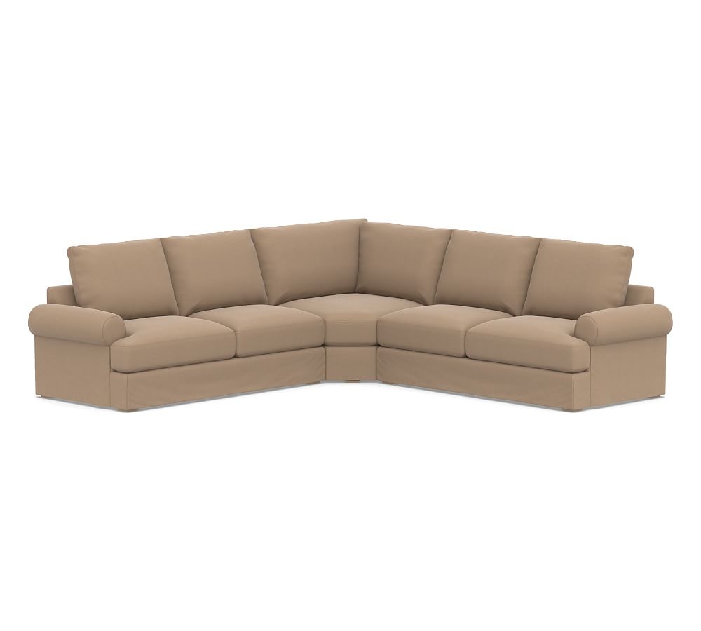 Canyon Roll Arm Slipcovered 3-Piece L-Shaped Wedge Sectional, Down Blend Wrapped Cushions, Performance Plush Velvet Camel - Image 0