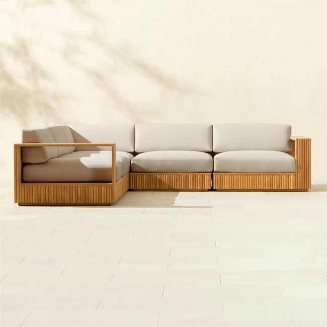 Topia 5-Piece L-Shaped Teak Outdoor Sectional Sofa with White Sunbrella® Cushions - Image 0
