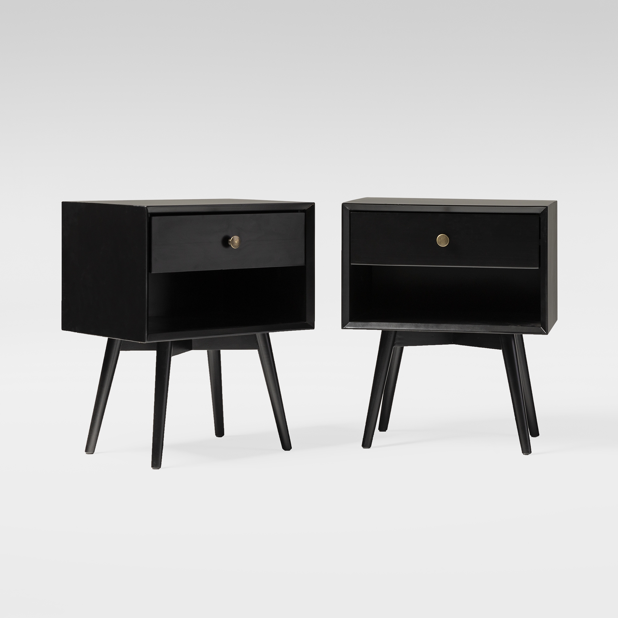 2 Piece 1-Drawer Mid-Century Solid Wood Nightstand - Black - Image 0