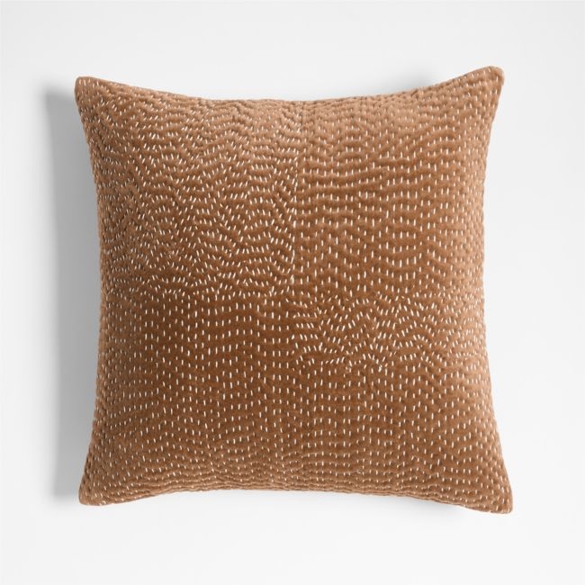 Sashiko Organic Cotton Velvet 20x20 Camel Tan Throw Pillow with Feather Insert - Image 0
