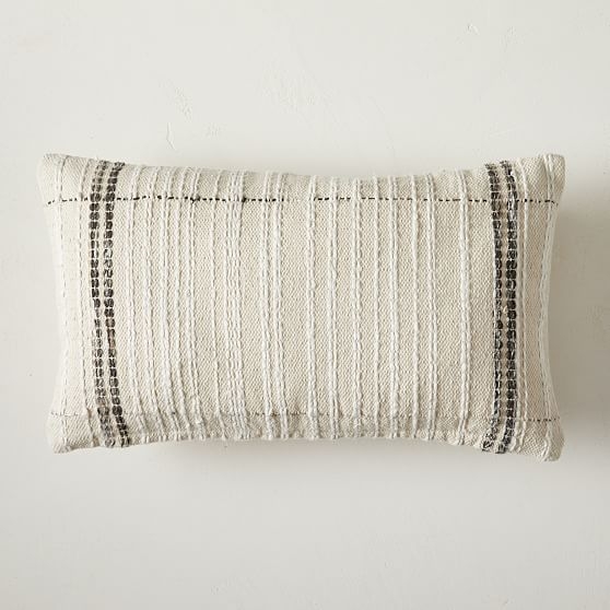 Mixed Border Stripe Lumbar Pillow Cover, 12"x21", White - Image 0