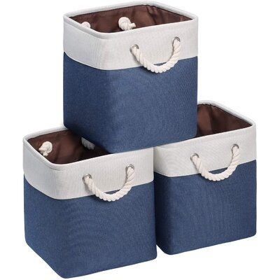 Storage Cubes 10.5'' X 10.5'' X 11''Fabric Baskets For Storage With Cotton Rope Handles Storage Bins For Cube Organizer For Shelves Closet Nursery Navy Bule & White Set Of 3 - Image 0