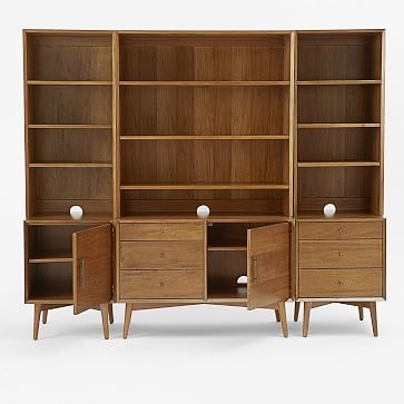 Mid Century Media With Wide Hutch, Acorn (1 small console, 2 door bases, 2 narrow hutches) - Image 3