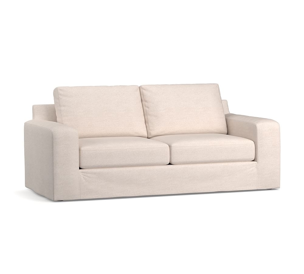 Big Sur Square Arm Slipcovered Grand Sofa 105" with Bench Cushion, Down Blend Wrapped Cushions, Park Weave Oatmeal - Image 1