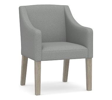 Classic Slope Arm Upholstered Dining Armchair, Gray Wash Frame, Performance Brushed Basketweave Chambray - Image 0
