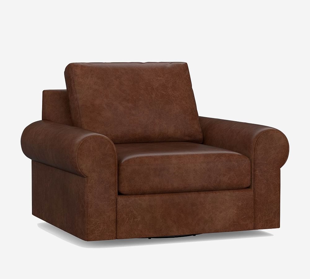 Big Sur Roll Arm Leather Swivel Armchair, Down Blend Wrapped Cushions, Signature Maple - Image 0