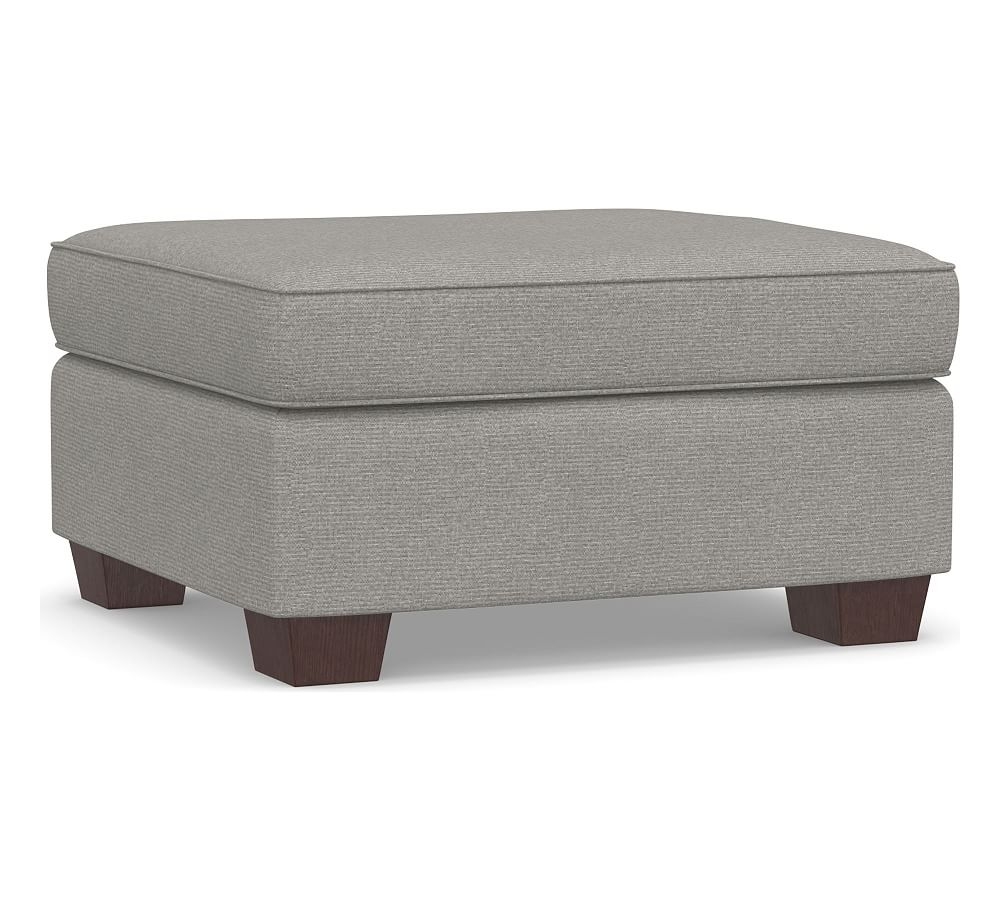 PB Comfort Upholstered Ottoman, Box Edge Polyester Wrapped Cushions, Performance Heathered Basketweave Platinum - Image 0
