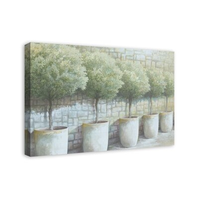 Potted Trees Stone Wall - Unframed Painting Print on Canvas - Image 0