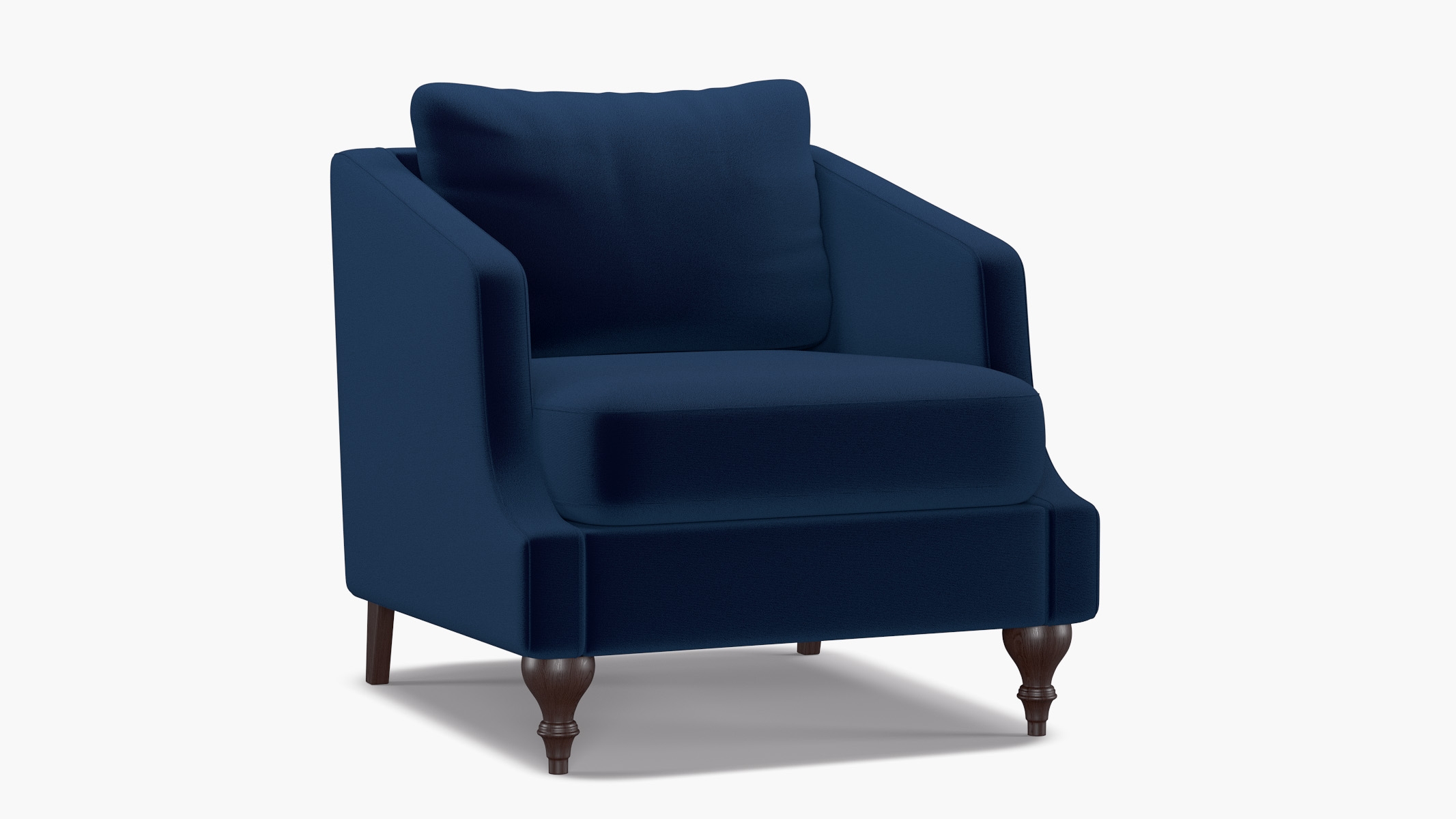 Slope Arm Chair, Navy Performance Velvet, Espresso Turned Wood Leg - Image 1