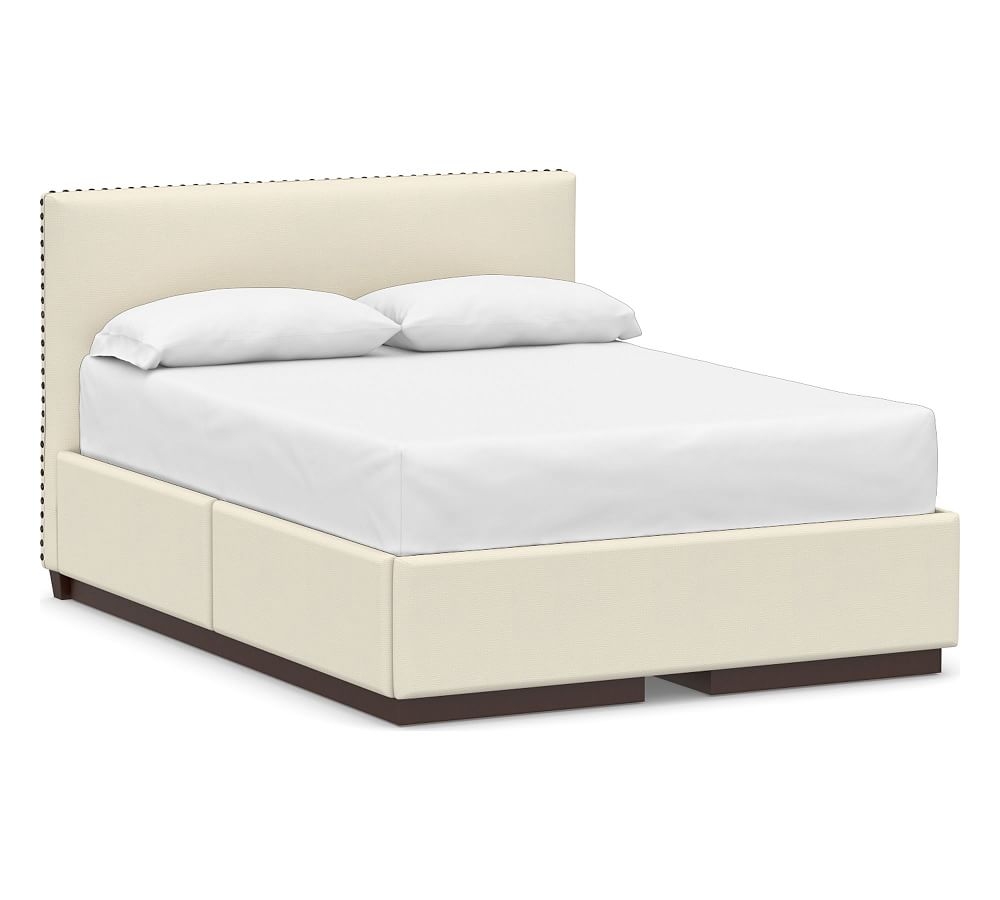 Raleigh Square Upholstered Low Headboard and Side Storage Platform Bed & Bronze Nailheads, King, Park Weave Ivory - Image 0