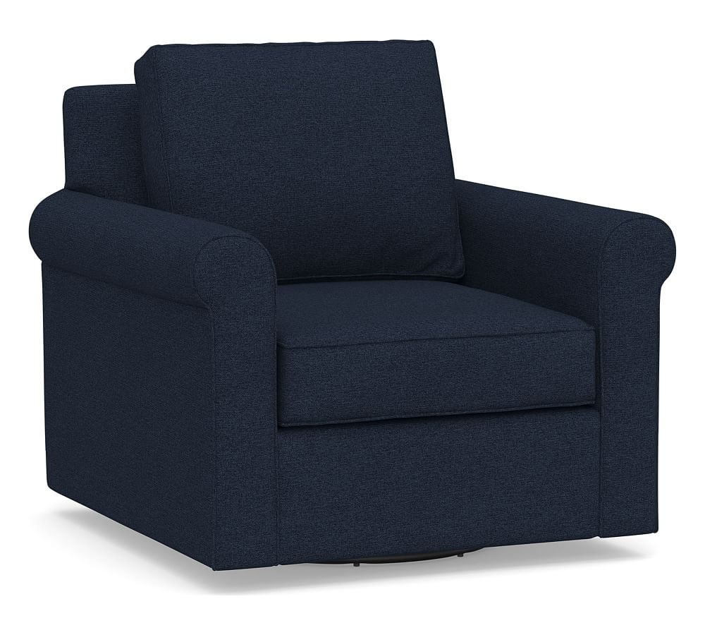 Cameron Roll Arm Upholstered Swivel Armchair, Polyester Wrapped Cushions, Performance Heathered Basketweave Navy - Image 0
