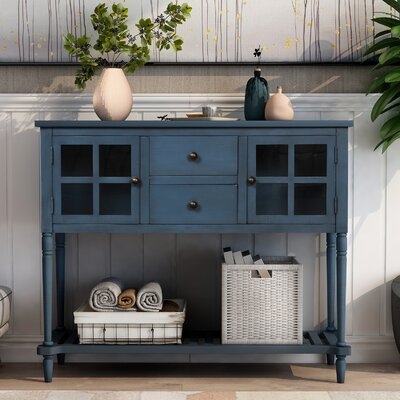 Sideboard Console Table With Bottom Shelf, Farmhouse Wood/Glass Buffet Storage Cabinet Living Room (Antique Navy) - Image 0