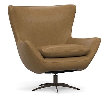 Wells Leather Tight Back Swivel Armchair Bronze Base, Polyester Wrapped Cushions, Statesville Toffee - Image 0