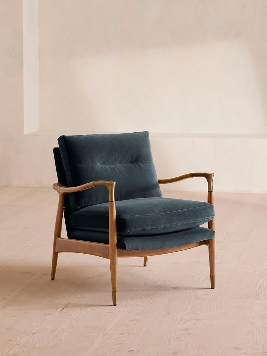 Theodore Oak Armchair, Velvet, Grey Blue, US - Image 0