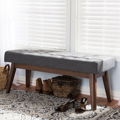 Coogee Mid-Century Modern Walnut Wood Dark Grey Fabric Button-Tufted Bench - Image 0