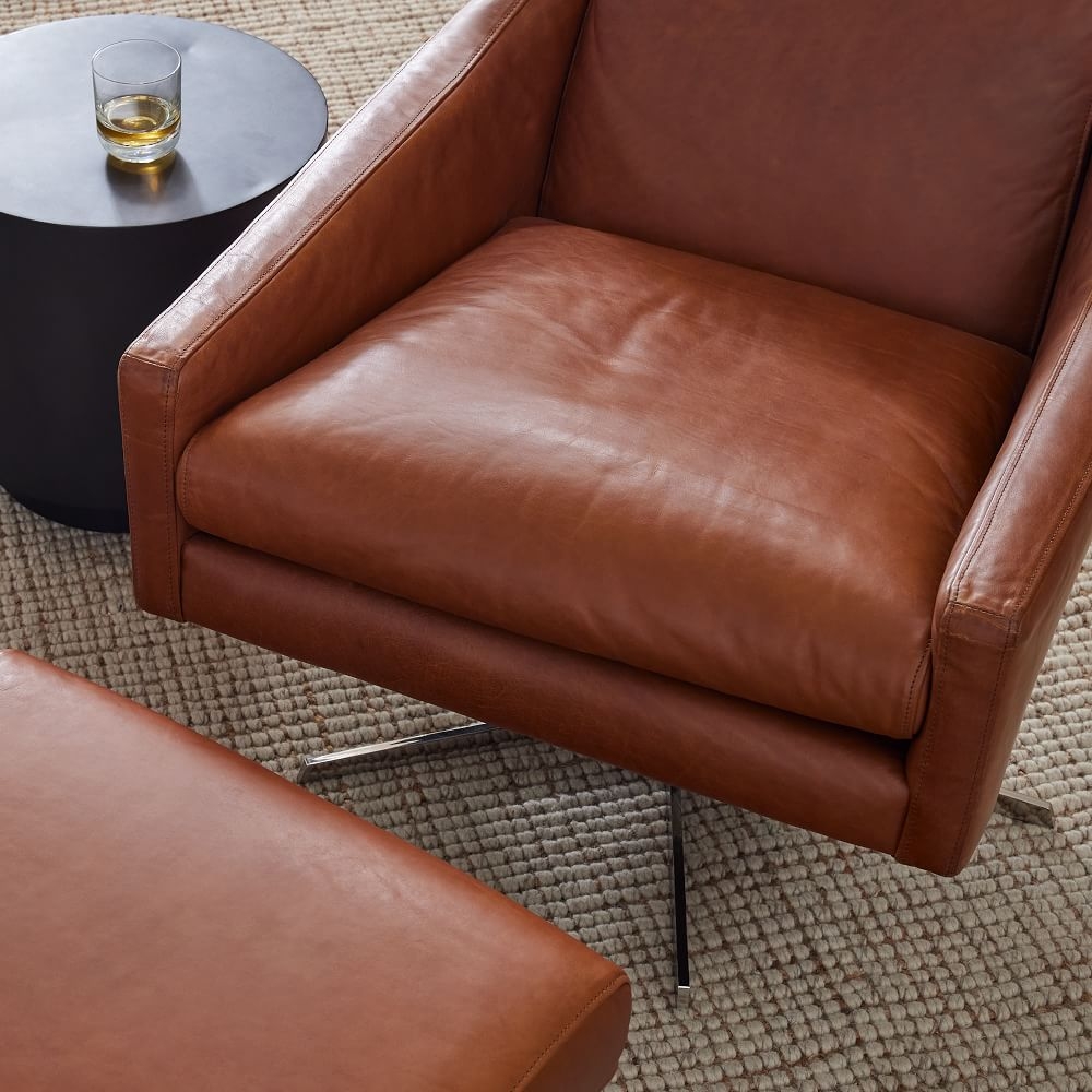 Austin Leather Swivel Armchair & Ottoman Set, Aspen Leather, Chestnut - Image 3